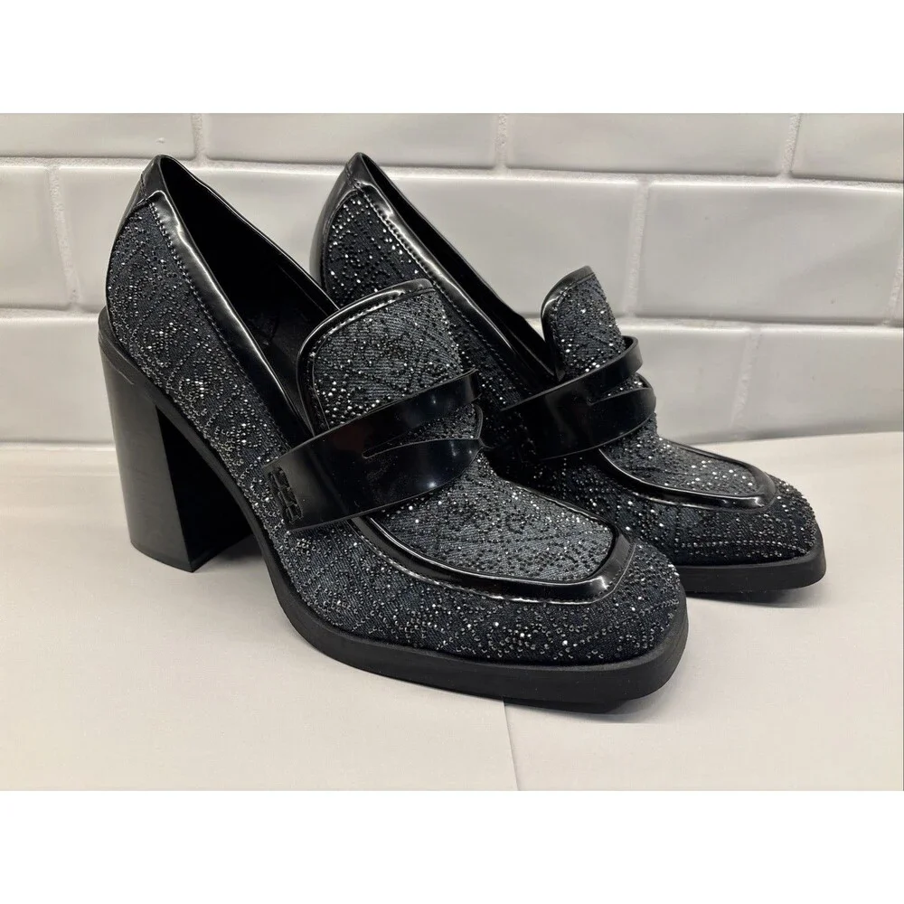 GUESS‎ Women’s Heeled Sparkly Chunky Loafer Size 9M Y2K Vibe EUC Black Glitter